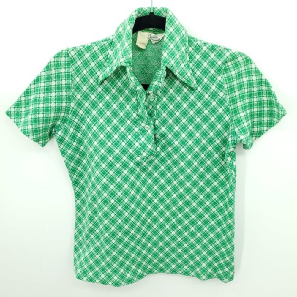 VTG 60s/70s Polo Neck Knit Dagger Collar Short Sleeve Plaid Top 7/8 Green